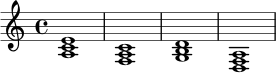 \relative c' {
\key a \minor
\time 4/4
<a c e>1 |
<f a c>1 |
<g b d>1 |
<d f a>1 |
}