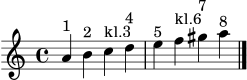 \version "2.22.0"
\header { tagline = ##f }
\score {
\new Staff {
\clef treble
\key a \minor
\time 4/4
a'4^\markup "1" b'^\markup "2" c''^\markup "kl.3" d''^\markup "4" |
e''^\markup "5" f''^\markup "kl.6" gis''^\markup "7" a''^\markup "8" \bar "|."
}
\layout { }
\midi { \tempo 4 = 76 }
}