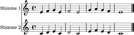 \version "2.24.0"
sopran = \relative c' {
\clef treble
\key c \major
\time 4/4
e4 f g e | f2 e | g4 a g f | e1 \bar "|."
}
alt = \relative c' {
\clef treble
\key c \major
\time 4/4
c4 d e c | d2 c | e4 f e d | c1 \bar "|."
}
\score {
<<
\new Staff = "Sopran" \with { instrumentName = "Stimme 1" } { \sopran }
\new Staff = "Alt" \with { instrumentName = "Stimme 2" } { \alt }
>>
\layout { }
\midi { \tempo 4 = 84 }
}