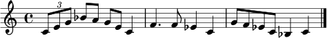 
\relative c' {
  \key c \major
  \time 4/4
  \tuplet 3/2 { c8 e g } bes8 a g e c4 |
  f4. f8 ees4 c |
  g'8 f ees c bes4 c \bar "|."
}
