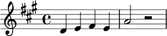 
\relative c' {
  \key a \major
  \time 4/4
  d4 e fis e | a2 r2
}

