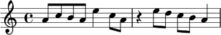 \relative c'' {
\key a \minor
\time 4/4
a8 c b a e'4 c8 a |
r4 e'8 d c b a4 |
}