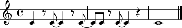 
\relative c' {
  \clef treble
  \key c \major
  \time 4/4
  c4 r8 c~ c4 r8 c~ | c8 c r c~ c4 r4 | c1 \bar "|."
}
