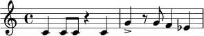 \relative c' {
\time 4/4
c4 c8 c8 r4 c4 |
g'4-> r8 g8 f4 ees4 |
}