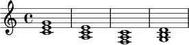 \relative c' {
\time 4/4
<c e g>1 |
<a c e>1 |
<f a c>1 |
<g b d>1 |
}