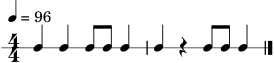 \version "2.22.0"
\header { tagline = "" }
\score {
\new RhythmicStaff {
\numericTimeSignature
\time 4/4
\tempo 4 = 96
c4 c4 c8 c8 c4 | c4 r4 c8 c8 c4 | \bar "|."
}
\layout { }
\midi { }
}