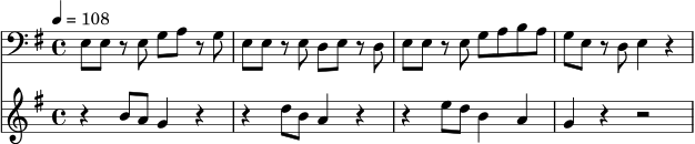 \version "2.20.0"
\score {
<<
\new Staff \relative c {
\set Staff.midiInstrument = "electric bass (finger)"
\clef bass
\key e \minor
\time 4/4
\tempo 4 = 108
e8 e r e g a r g |
e8 e r e d e r d |
e8 e r e g a b a |
g8 e r d e4 r |
}
\new Staff \relative c' {
\set Staff.midiInstrument = "electric piano 1"
\clef treble
\key e \minor
\time 4/4
r4 b'8 a g4 r |
r4 d'8 b a4 r |
r4 e'8 d b4 a |
g4 r r2 |
}
>>
\layout { }
\midi { }
}