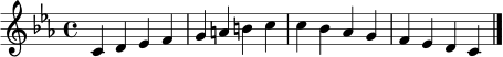 \relative c' { \clef treble \key c \minor \time 4/4 c4 d ees f | g a b c | c bes aes g | f ees d c \bar "|." }