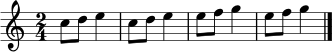 \relative c'' { \time 2/4 c8 d e4 | c8 d e4 | e8 f g4 | e8 f g4 \bar "|." }