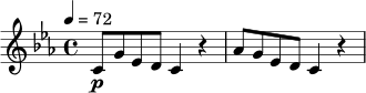 \relative c' {
\time 4/4
\key c \minor
\tempo 4 = 72
c8\p g' ees d c4 r4 |
aes'8 g ees d c4 r4 |
}