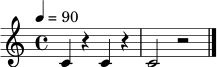\relative c' { \set Staff.midiInstrument = "acoustic grand" \tempo 4 = 90 \clef treble \time 4/4 c4 r4 c4 r4 | c2 r2 \bar "|." }