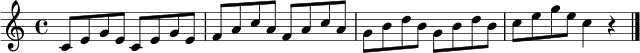 \relative c' { \clef treble \time 4/4 c8 e g e c e g e | f a c a f a c a | g b d b g b d b | c e g e c4 r \bar "|." }