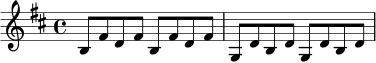 \relative c' {
\key b \minor
\time 4/4
b8 fis' d fis b, fis' d fis |
g, d' b d g, d' b d |
}