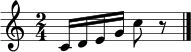 \relative c' { \time 2/4 c16 d e g c8 r8 \bar "|." }