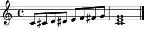\relative c' { \clef treble \time 4/4 c8 cis d dis e f fis g <c, e g>1 \bar "|." }