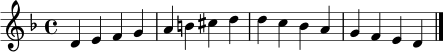 \relative c' { \clef treble \key d \minor \time 4/4 d4 e f g | a b cis d | d c bes a | g f e d \bar "|." }