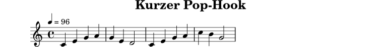 X:1
T:Kurzer Pop-Hook
M:4/4
L:1/4
Q:1/4=96
K:C
C E G A | G E D2 | C E G A | c B G2 |
