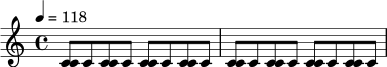 \drummode {
\time 4/4
\tempo 4 = 118
<bd hh>8 hh <hh sn> hh <bd hh> hh <hh sn> hh |
<bd hh>8 hh <hh sn> hh <bd hh> hh <hh sn> hh |
}