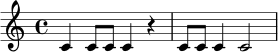 \relative c' {
\time 4/4
c4 c8 c c4 r4 | c8 c c4 c2
}