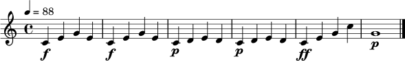 \relative c' { \time 4/4 \tempo 4 = 88 c4\f e g e | c4\f e g e | c4\p d e d | c4\p d e d | c4\ff e g c | g1\p \bar "|." }