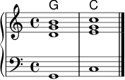 \version "2.22.0"
akkorde = \chordmode { g1 c }
\score {
<<
\new ChordNames \akkorde
\new PianoStaff <<
\new Staff \relative c' {
\key c \major
\time 4/4
<d g b>1
<e g c>1
\bar "|."
}
\new Staff \relative c {
\clef bass
\key c \major
g1
c1
}
>>
>>
\layout { }
\midi { \tempo 4 = 64 }
}