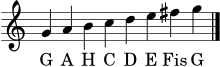 \version "2.24.0"
\language "deutsch"
\header { tagline = ##f }
\score {
<<
\new Staff \with { \remove "Time_signature_engraver" } {
\clef treble
\cadenzaOn
g'4 a' h' c'' d'' e'' fis'' g''
\bar "|."
}
\addlyrics { G A H C D E Fis G }
>>
\layout { }
\midi { \tempo 4 = 84 }
}