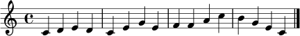 \relative c' {
\clef treble
\time 4/4
c4 d e d | c e g e | f f a c | b g e c | \bar "|."
}