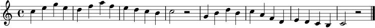 \relative c'' { \key c \major \time 4/4 c4 e g e | d4 f a f | e4 d c b | c2 r2 | g4 b d b | c4 a f d | e4 d c b | c2 r2 \bar "|." }