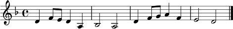 \relative c' {
\clef treble
\key d \minor
\time 4/4
d4 f8 e d4 a | bes2 a2 | d4 f8 g a4 f | e2 d2 \bar "|."
}