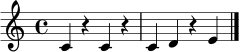 \relative c' {
\clef treble
\time 4/4
c4 r4 c4 r4 |
c4 d4 r4 e4 \bar "|."
}