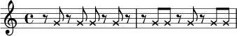 \relative c'' {
\time 4/4
\override NoteHead.style = #'cross
r8 g8 r8 g8 g8 r8 g8 r8 |
r8 g8 g8 r8 g8 r8 g8 g8 |
}