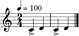 \relative c' {
\clef treble
\tempo 4 = 100
\time 2/4
c4-> d | c4-> d \bar "|."
}