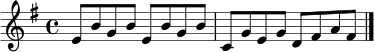 \relative c' {
\key e \minor
\time 4/4
e8 b' g b e, b' g b |
c,8 g' e g d fis a fis |
\bar "|."
}