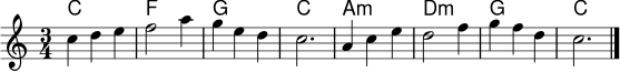 
<<
  \new ChordNames \chordmode { c2. f2. g2. c2. a2.:m d2.:m g2. c2. }
  \new Staff \relative c'' {
    \clef treble
    \key c \major
    \time 3/4
    c4 d e | f2 a4 | g4 e d | c2. |
    a4 c e | d2 f4 | g4 f d | c2. \bar "|."
  }
>>
