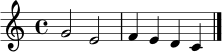 \relative c' { \set Staff.midiInstrument = "acoustic grand" \key c \major \time 4/4 g'2 e | f4 e d c \bar "|." }