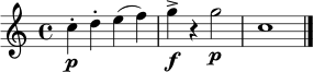 \relative c'' {
\time 4/4
\key c \major
c4\p-. d-. e( f) | g4->\f r g2\p | c,1\> \! \bar "|."
}