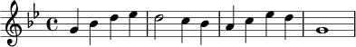 \relative c'' {
\key g \minor
\time 4/4
g4 bes d ees |
d2 c4 bes |
a4 c ees d |
g,1 |
}
