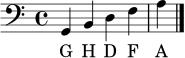 \language "deutsch"
\relative c {
\clef bass
g4 h d f a
\bar "|."
}
\addlyrics { G H D F A }