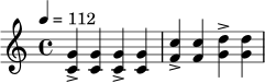 \relative c' {
\key c \major
\time 4/4
\tempo 4 = 112
<c g'>4-> <c g'> <c g'>-> <c g'> |
<f c'>4-> <f c'> <g d'>-> <g d'> |
}