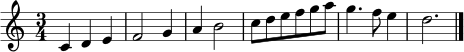 
\relative c' {
  \clef treble
  \key c \major
  \time 3/4
  c4 d e | f2 g4 | a4 b2 | c8 d e f g a | g4. f8 e4 | d2. \bar "|."
}

