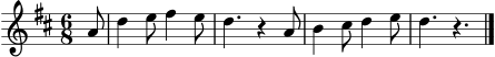 \version "2.24.0"
\score {
\new Staff \relative c'' {
\clef treble
\key d \major
\time 6/8
\partial 8 a8 | d4 e8 fis4 e8 | d4. r4 a8 | b4 cis8 d4 e8 | d4. r4. \bar "|."
}
\layout { }
\midi { \tempo 4. = 72 }
}