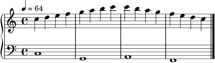 \new PianoStaff <<
\new Staff \relative c'' {
\clef treble
\key c \major
\time 4/4
\tempo 4 = 64
c4 d e f |
g a b c |
c b a g |
f e d c \bar "|."
}
\new Staff \relative c {
\clef bass
\key c \major
\time 4/4
c1 |
g1 |
a1 |
f1 \bar "|."
}
>>