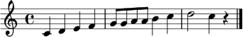 \relative c' { \clef treble \time 4/4 c4 d4 e4 f4 \bar "|" g8 g8 a8 a8 b4 c4 \bar "|" d2 c4 r4 \bar "|." }