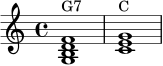 
\relative c' {
  \time 4/4
  <g b d f>1^\markup { "G7" }
  <c e g>1^\markup { "C" }
}
