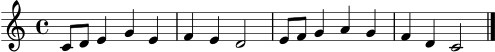\score {
\new Staff \relative c' {
\clef treble
\key c \major
\time 4/4
c8 d e4 g e | f4 e d2 | e8 f g4 a g | f4 d c2 \bar "|."
}
\layout { }
\midi { \tempo 4 = 98 }
}