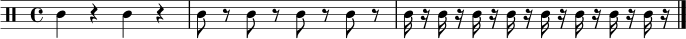 
\version "2.22.0"
\paper { indent = 0 }
\score {
  \new Staff {
    \clef percussion
    \time 4/4
    c'4 r4 c'4 r4 |
    c'8 r8 c'8 r8 c'8 r8 c'8 r8 |
    c'16 r16 c'16 r16 c'16 r16 c'16 r16 c'16 r16 c'16 r16 c'16 r16 c'16 r16 |
    \bar "|."
  }
  \layout { }
  \midi { \tempo 4 = 90 }
}

