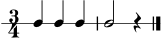 
\version "2.22.0"
\score {
  \new RhythmicStaff {
    \time 3/4
    c4 c4 c4 | c2 r4 \bar "|."
  }
  \layout { }
  \midi { \tempo 4 = 90 }
}
