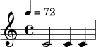 \relative c' {
\time 4/4
\tempo 4 = 72
c2 c4 c4
}
