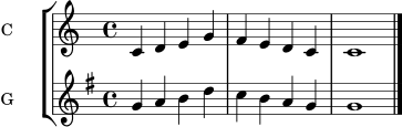 \version "2.24.0"
\score {
\new StaffGroup <<
\new Staff \with { instrumentName = "C" } \relative c' { \clef treble \key c \major \time 4/4 c4 d e g | f e d c | c1 \bar "||" }
\new Staff \with { instrumentName = "G" } \transpose c g \relative c' { \clef treble \key c \major \time 4/4 c4 d e g | f e d c | c1 \bar "|." }
>>
\layout { }
\midi { }
}