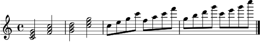 \relative c' {
\clef treble
\key c \major
\time 4/4
<c e g>2 <f a c>2
<g b d>2 <c e g>2
c8 e g c f, a c f
g, b d g c, e g c
\bar "|."
}